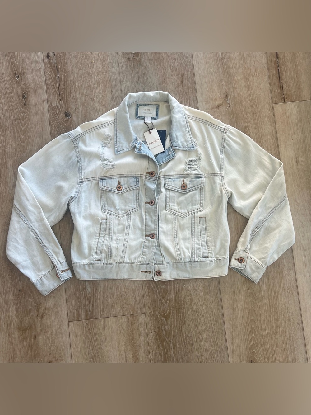 NWT Forever 21 Classic Denim Light Wash Distressed Denim Jacket